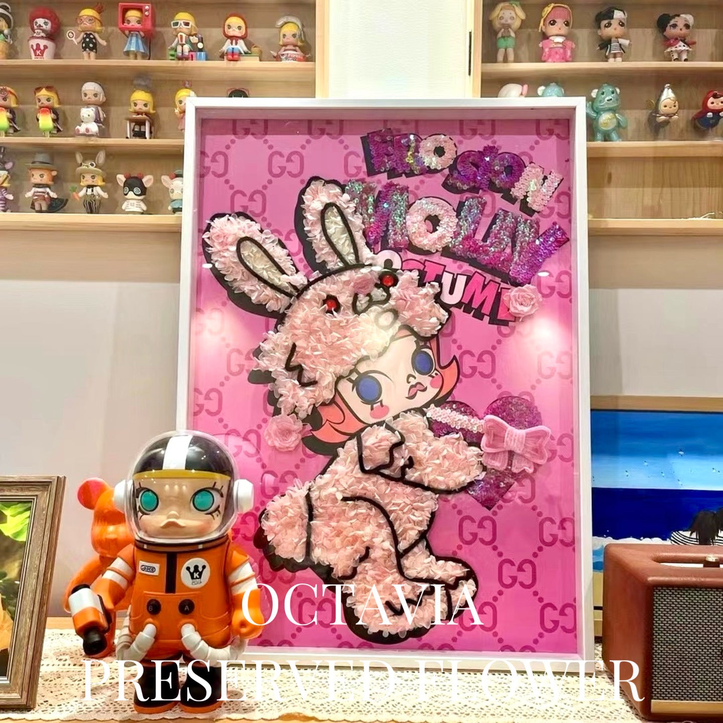 PFN09-泡泡瑪特永生花畫(粉紅小兔)