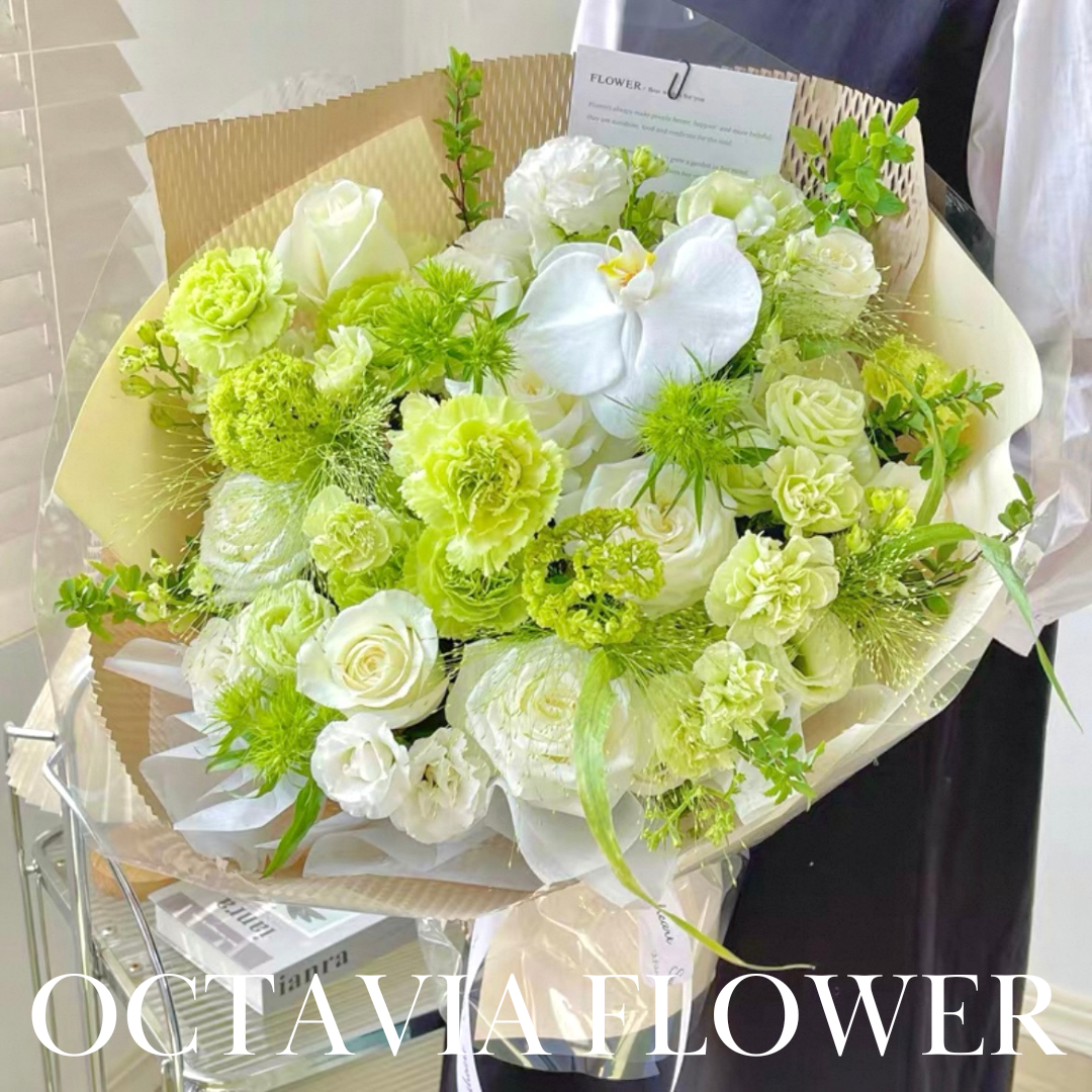FFM10-白綠色康乃馨玫瑰混搭花束 OCTAVIA