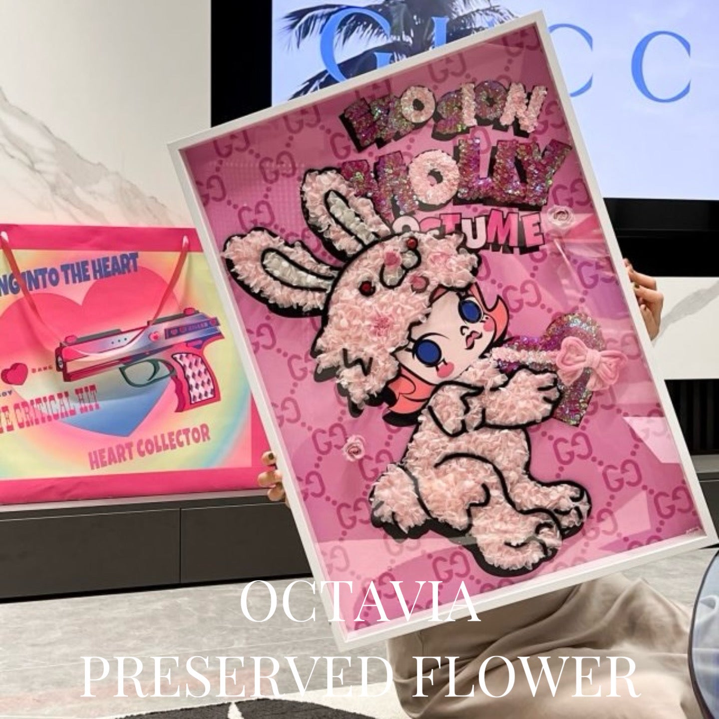 PFN09-泡泡瑪特永生花畫(粉紅小兔)
