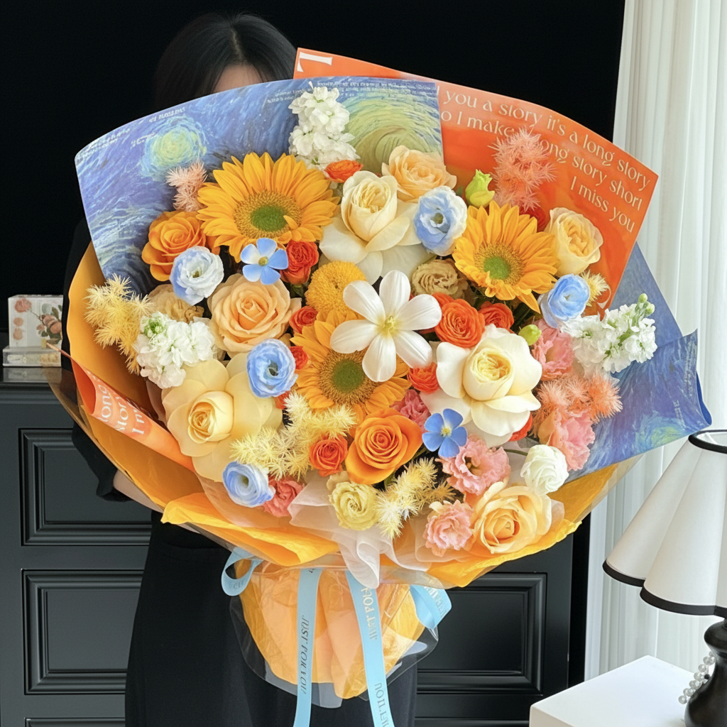 畢業花束 向日葵畢業花束 藍橙花束 香港花店 OCTAVIA HK 活力繽紛鮮艷 多巴胺花束