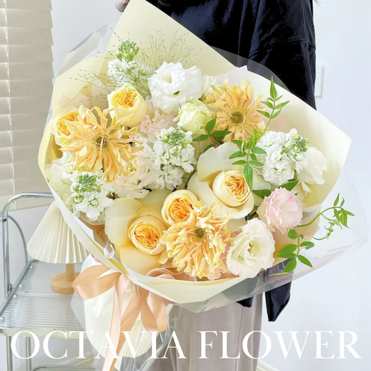 奶油黃色庭園玫瑰和非洲菊混搭花束074 OCTAVIA