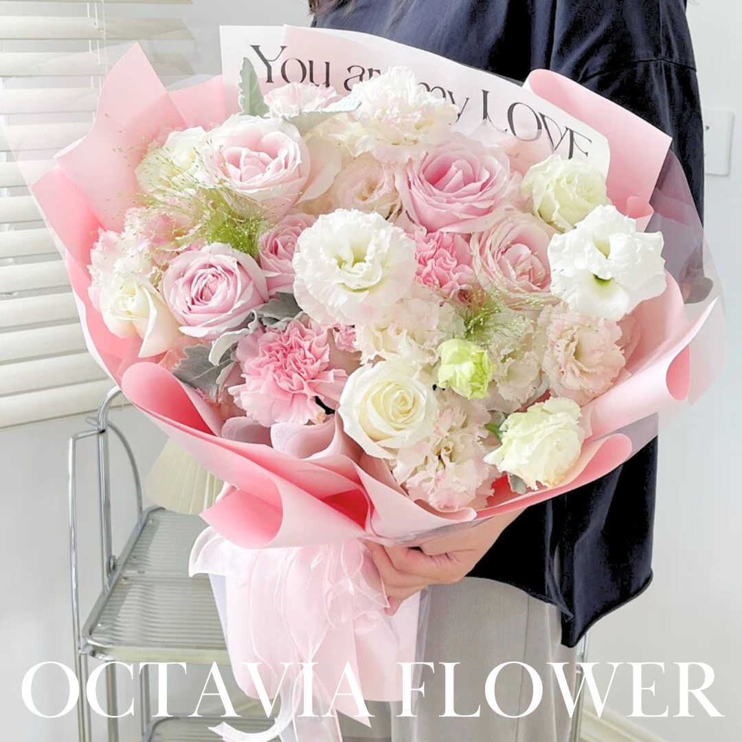 粉紅玫瑰白桔梗混搭花束072 OCTAVIA