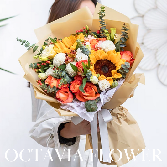 向日葵橙色玫瑰混搭花束027 OCTAVIA