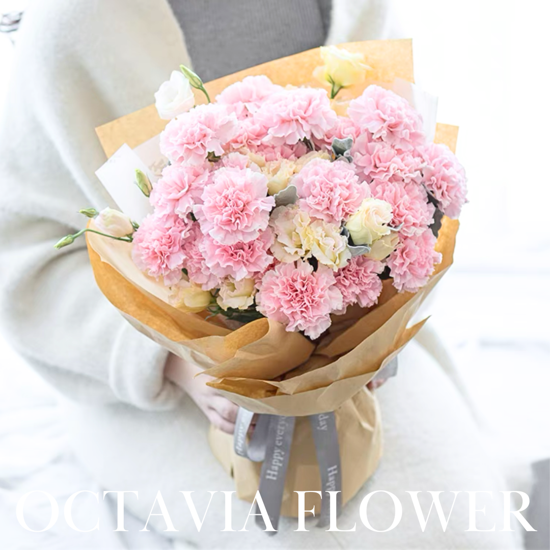 粉紅康乃馨香檳洋桔梗花束(牛皮紙包裝)026 OCTAVIA