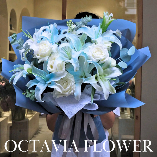 藍色百合花玫瑰花束(染色)076 OCTAVIA