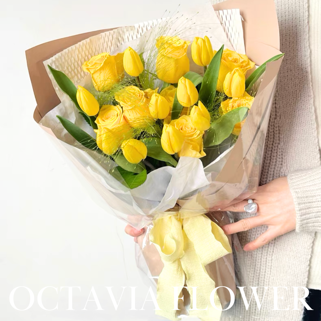 黃玫瑰鬱金香花束007