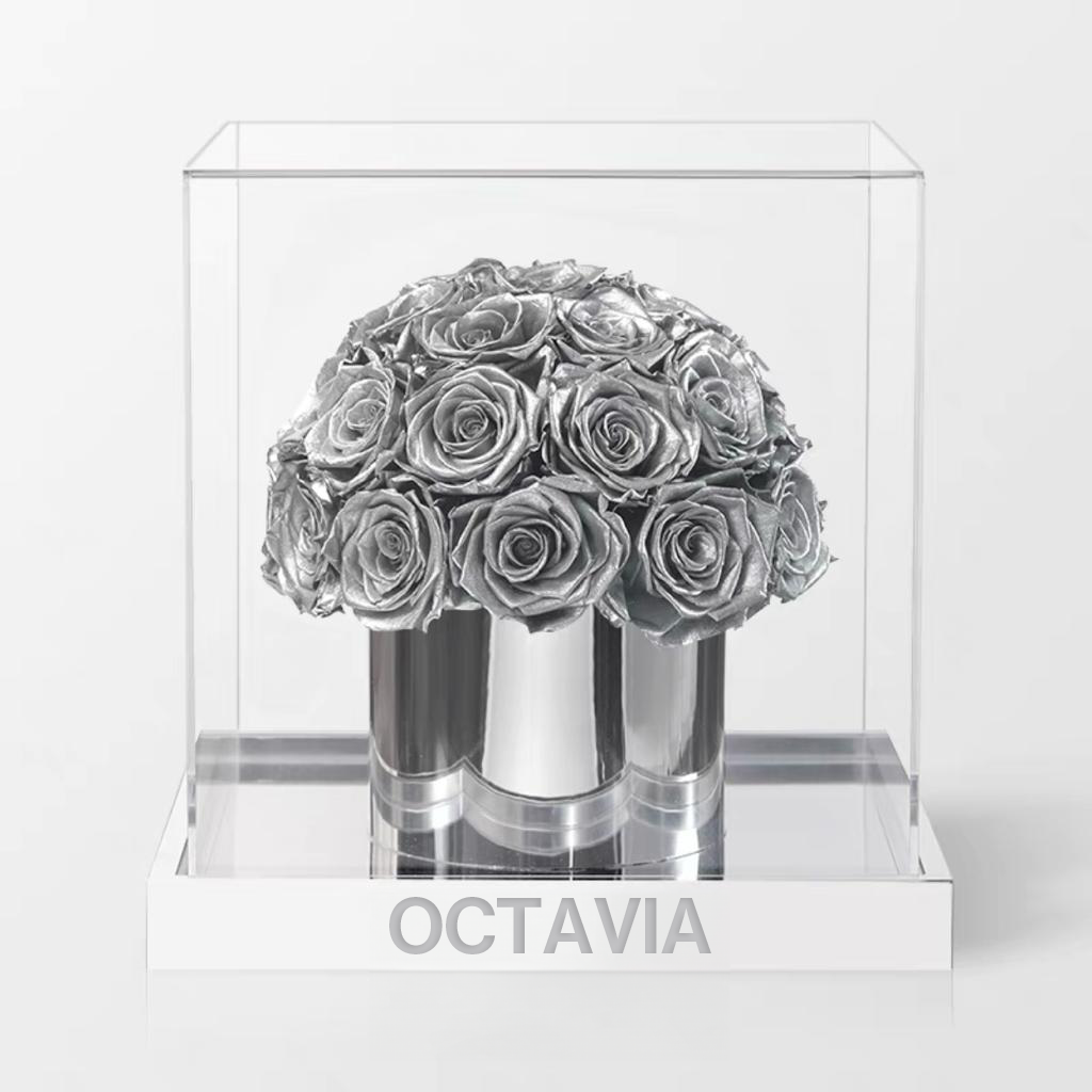 永生玫瑰圓形花盒-璀璨銀 OCTAVIA