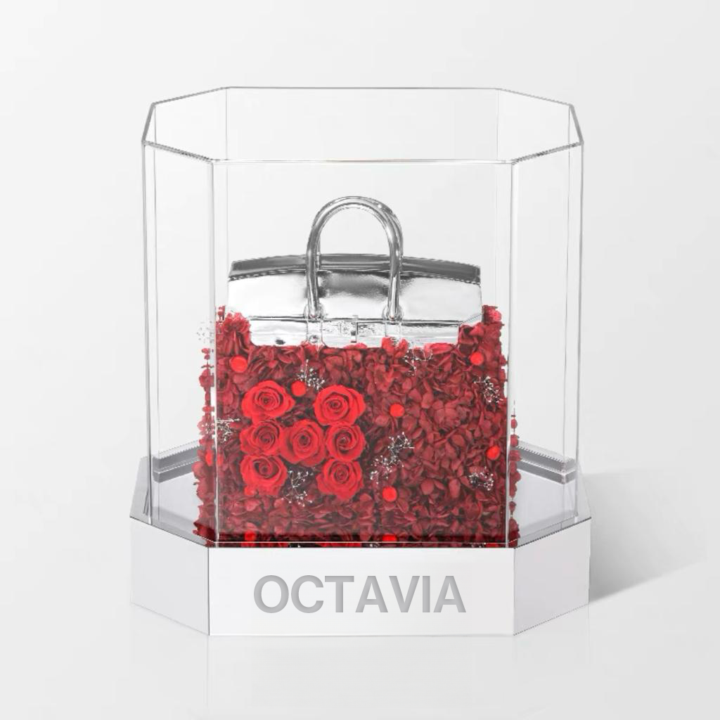 永生花玫瑰手袋-亮銀紅色 OCTAVIA