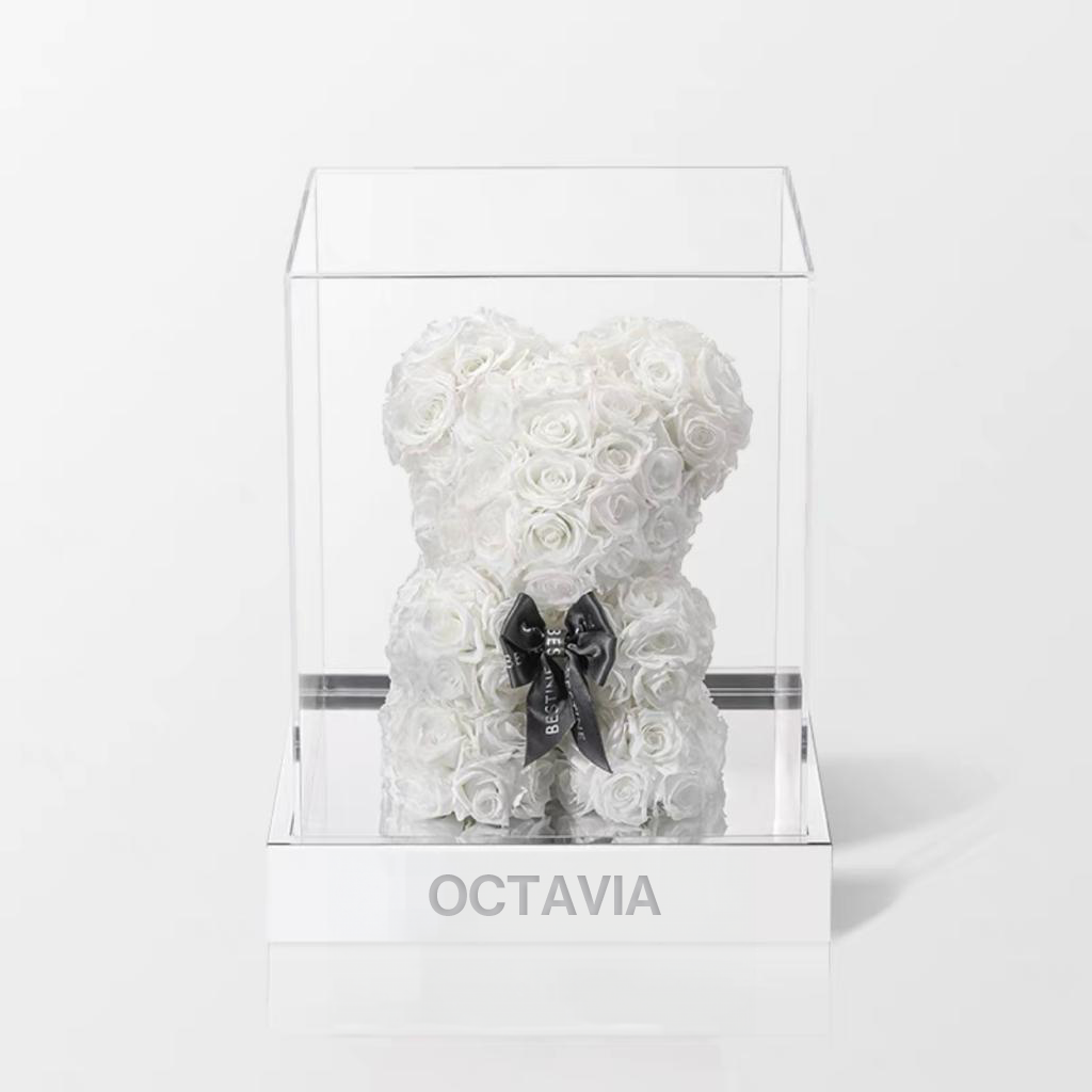 永生花玫瑰小熊-純白色 OCTAVIA