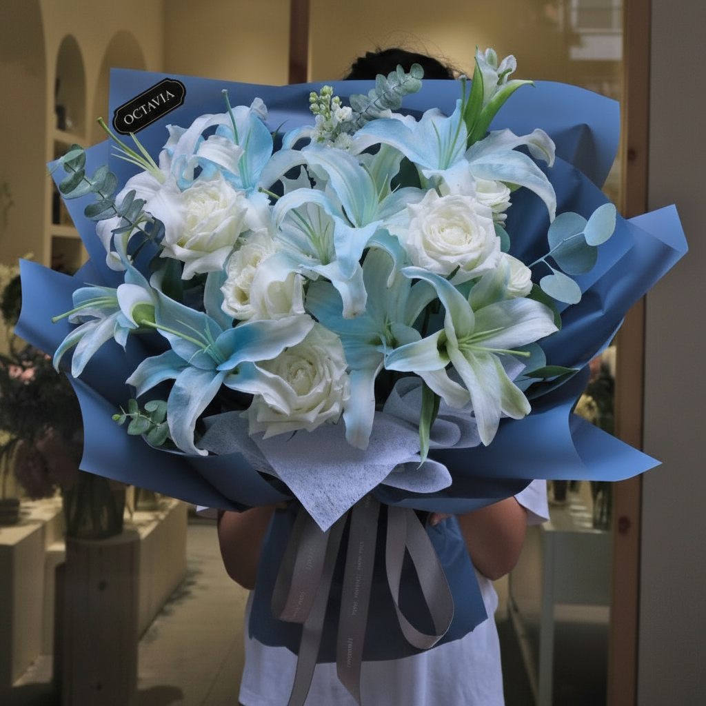 畢業花束 百合白玫瑰花束 Blue Sky 藍色天空 香港花店 OCTAVIA HK 2026 藍色花束 男士花束