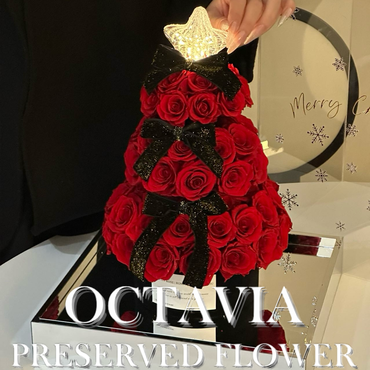 [永生花]-紅色聖誕玫瑰許願塔