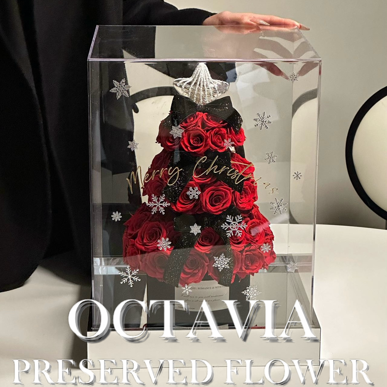 [永生花]-紅色聖誕玫瑰許願塔