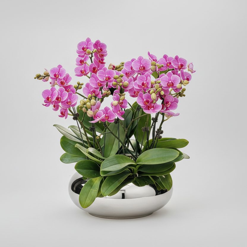 新春賀年蘭花-10枝蝴蝶蘭-紫蝶-扁圓鏡面銀盆 OCTAVIA