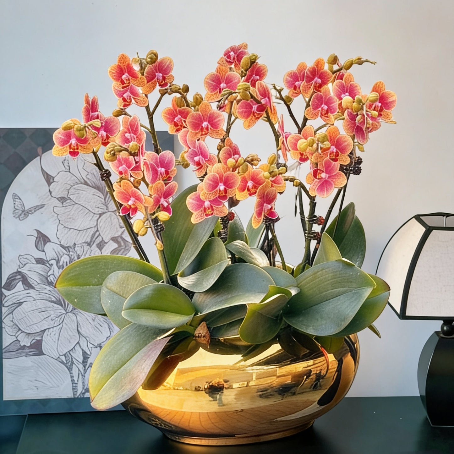 2026 新春賀年蘭花 10枝金蝶蝴蝶蘭 扁圓鏡面金盆花禮 (CNY 10 Stems Yellow Golden Orchid in Round Gold Pot)