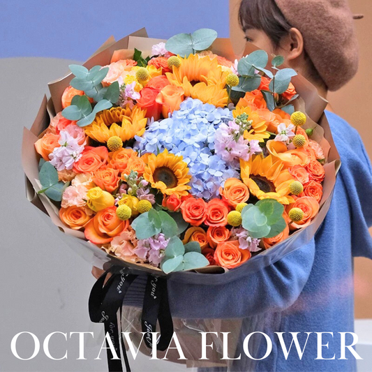 橙藍色混搭花束047