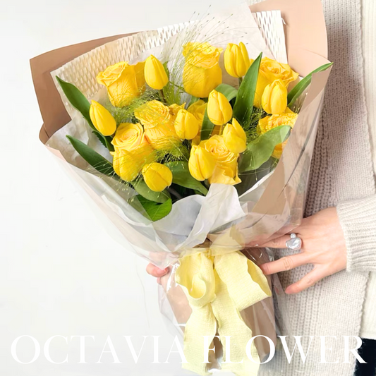黃玫瑰鬱金香花束007