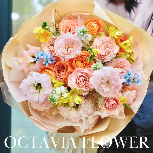 畢業花束 Colorful Spring 052 繽紛春日 玫瑰桔梗花束 香港花店 2026 珊瑚色系 OCTAVIA
