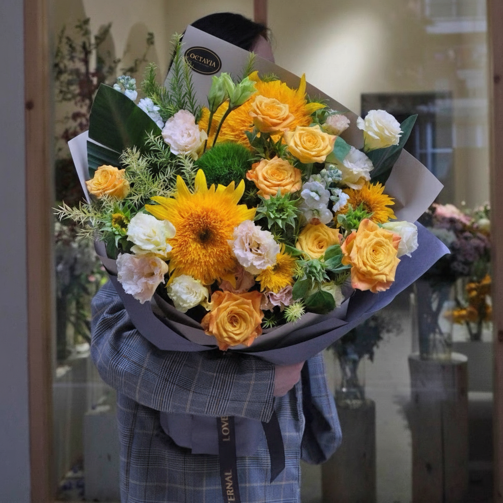 Teddy Sunflower In Grey 泰迪向日葵畢業花束 香港人氣花店 2026 灰色花紙包裝 清新向日葵花束 男生女生畢業送禮 OCTAVIA HK
